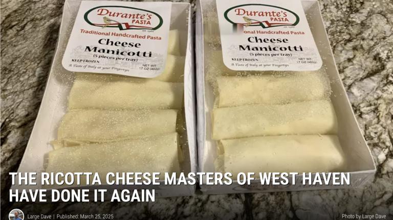 Two trays of Durante's Cheese Manicotti, photographed for the i95 Rock write-up