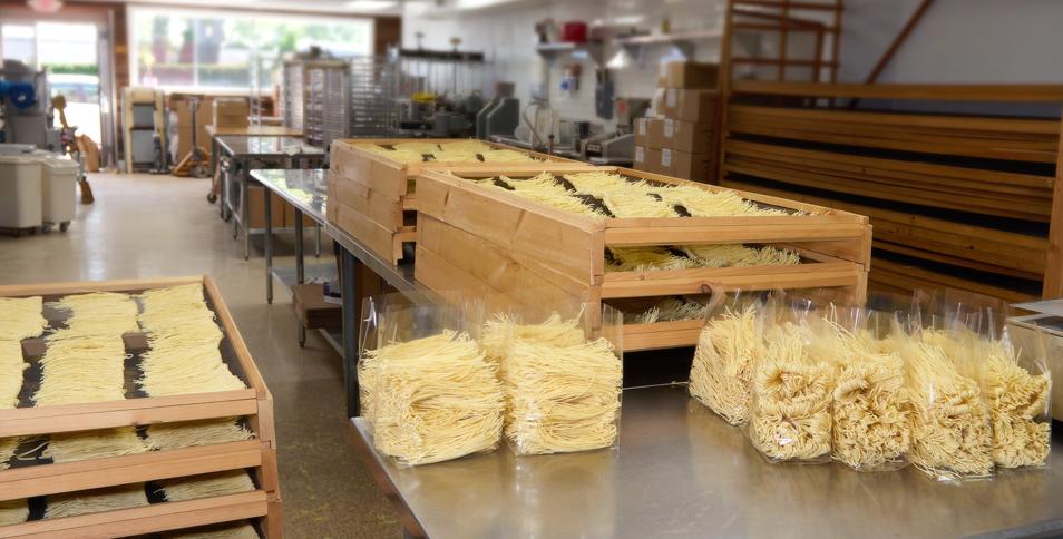 Cases of Durante's pasta packed for wholesale delivery